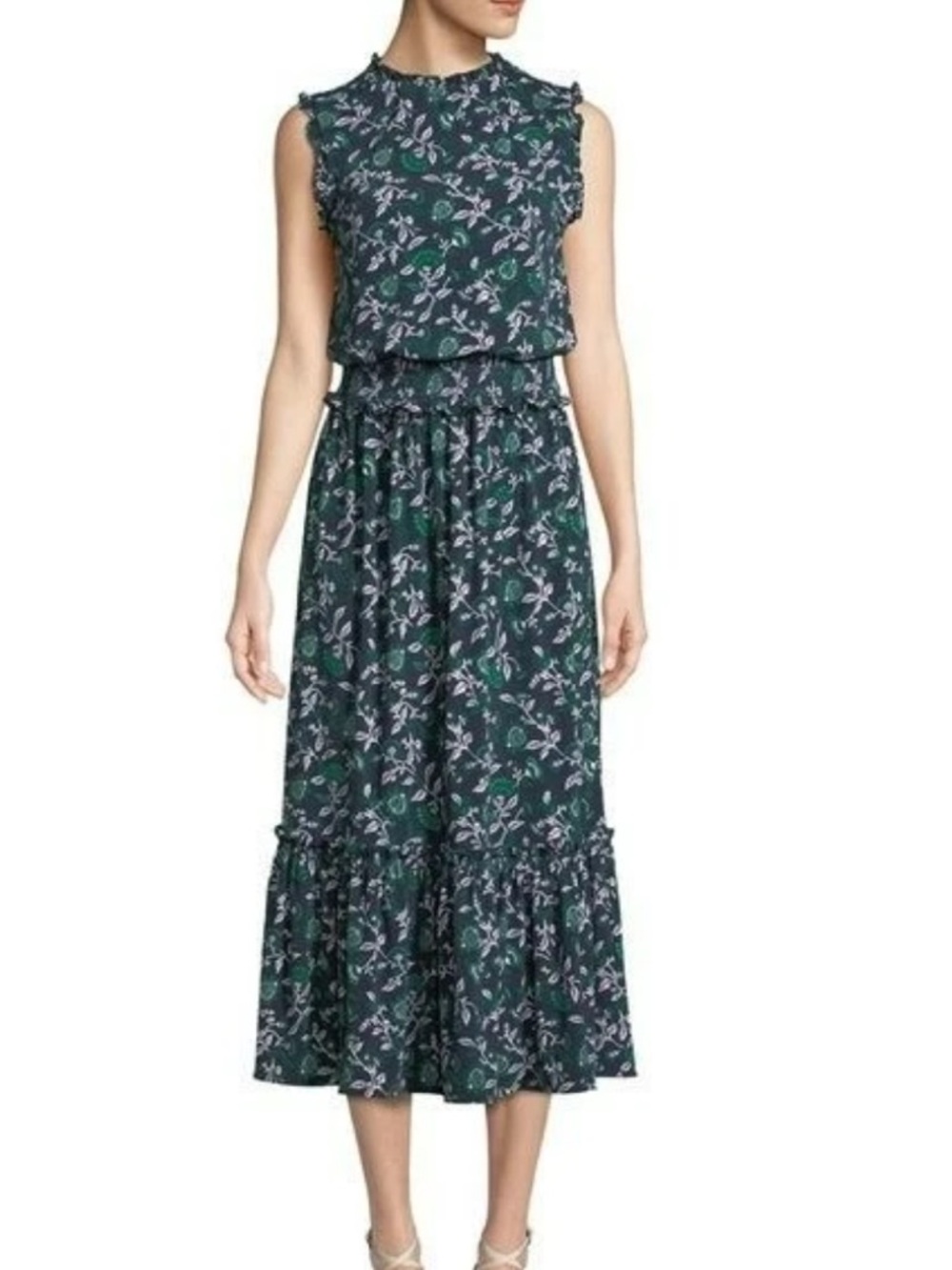 Michael Kors Navy Blue Floral Sleeveless Boho Midi Dress w/ Smocked Waist xs new